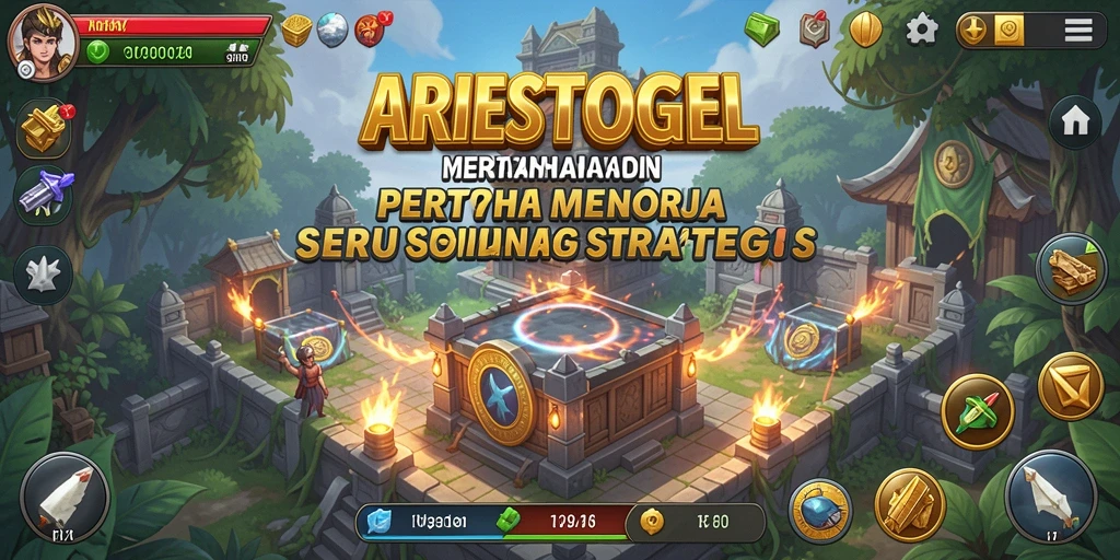 Tangkapan layar utama ARIESTOGEL menampilkan aksi pertahanan menara yang mendebarkan.