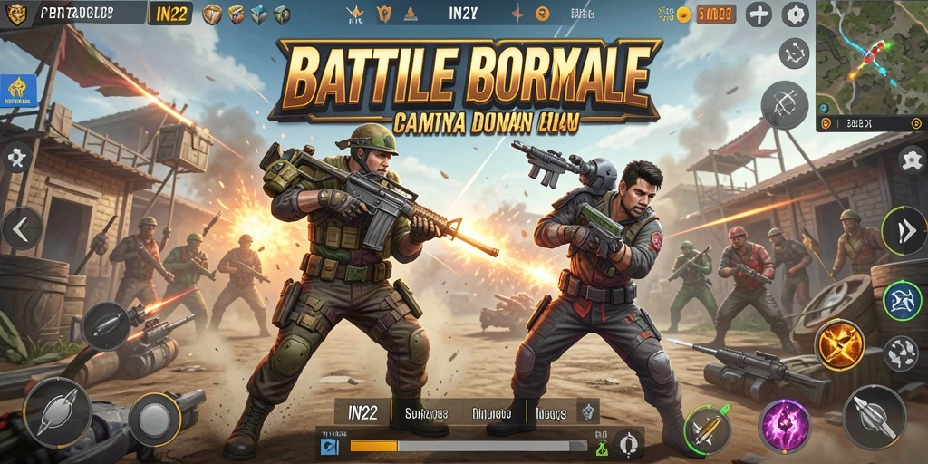 Tangkapan layar permainan IN22 menunjukkan pertempuran intens di arena Battle Royale.