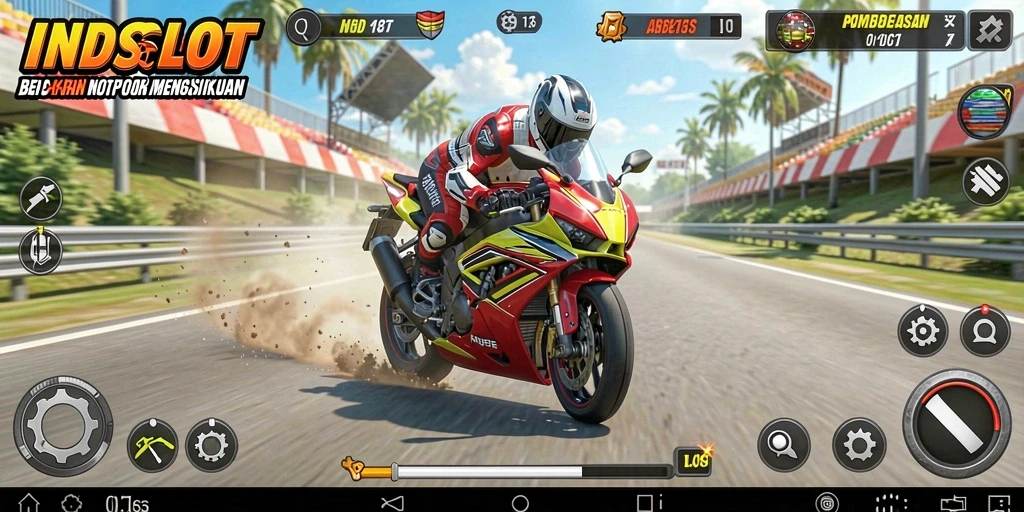 Tampilan gameplay seru dalam INDSLOT dengan balapan motor yang menegangkan.