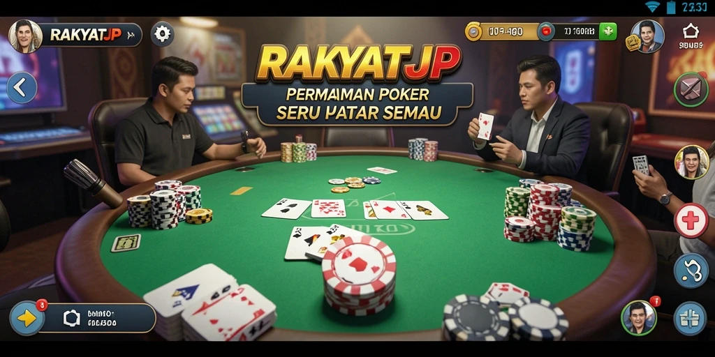Screenshot RAKYATJP menampilkan antarmuka permainan poker yang menarik dan interaktif.